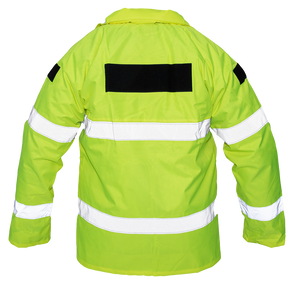 Picture of the back of a fluorescent yellow-green security jacket with two 2-inch horizontal silver reflective stripes circling around the body and the arms, topped by two shoulder and one back Velcro patch. The collar is rolled over a rain cap.