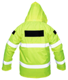 Picture of the back of a fluorescent yellow-green security jacket with two 2-inch horizontal silver reflective stripes circling around the body and the arms, topped by two shoulder and one back Velcro patch. The rain cap is rolled out.