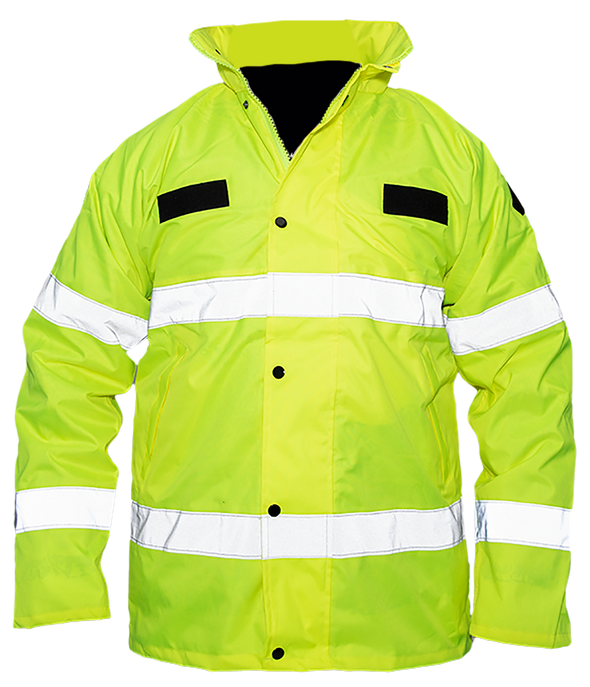 Picture of the front of a fluorescent yellow-green security jacket with two 2-inch horizontal silver reflective stripes circling around the body and the arms, topped by two chest Velcro patches. The collar is rolled over a rain cap. There are 6 black pressure buttons, two which are open on top, allowing to view the black inside lining under the collar.